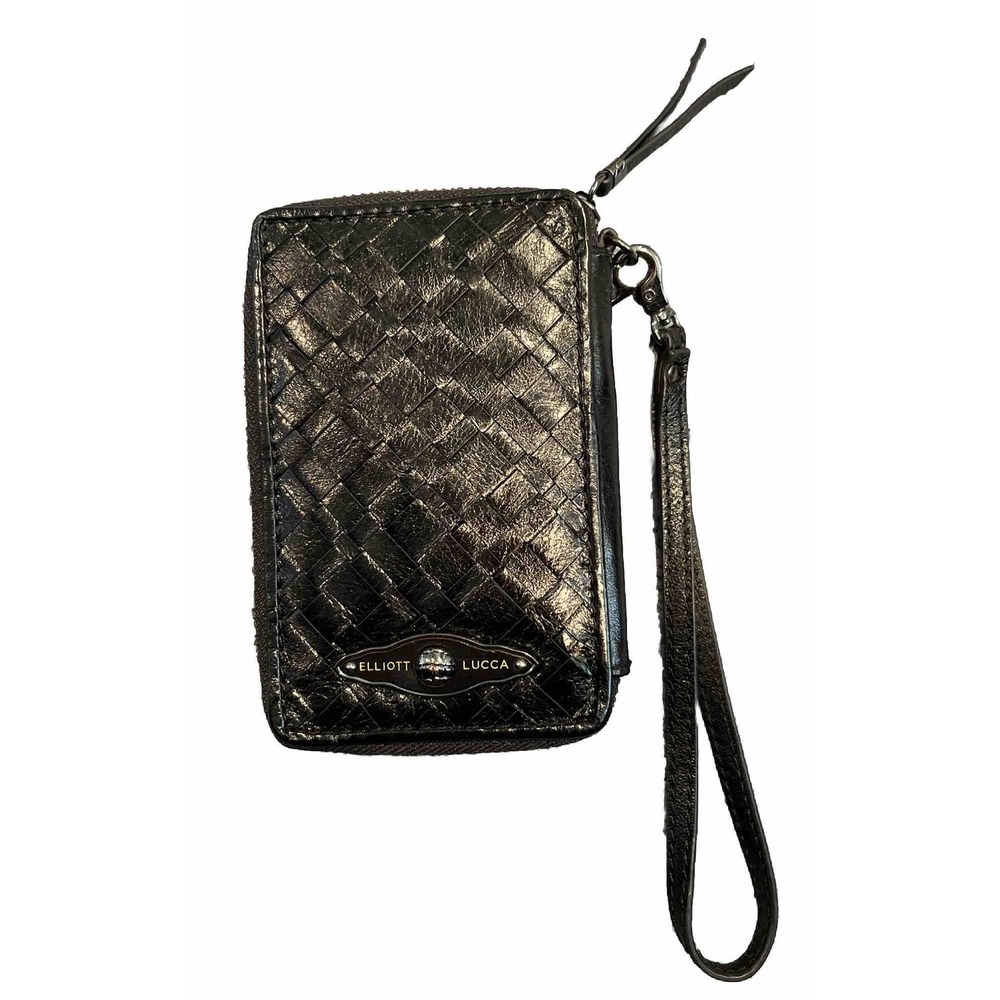 Elliott Lucca Black Leather Wristlet Zip Around Wallet Phone Pocket Woven